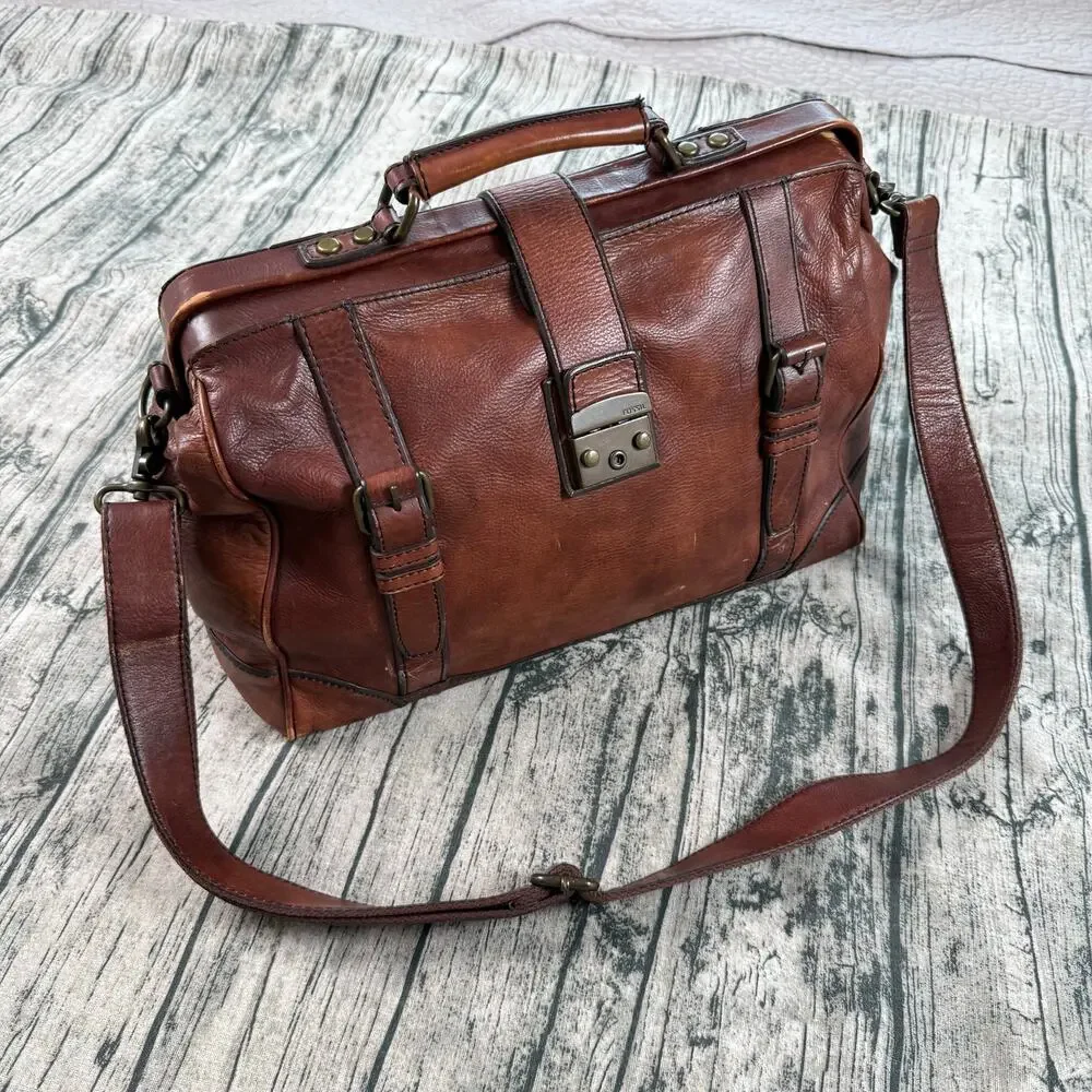 Fossil Cognac Leather Doctor Bag Gladstone Satchel Brown Vintage